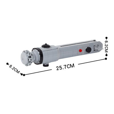 Afmetingen van de Super Bricks Daisho lightsaber weergegeven in centimeters