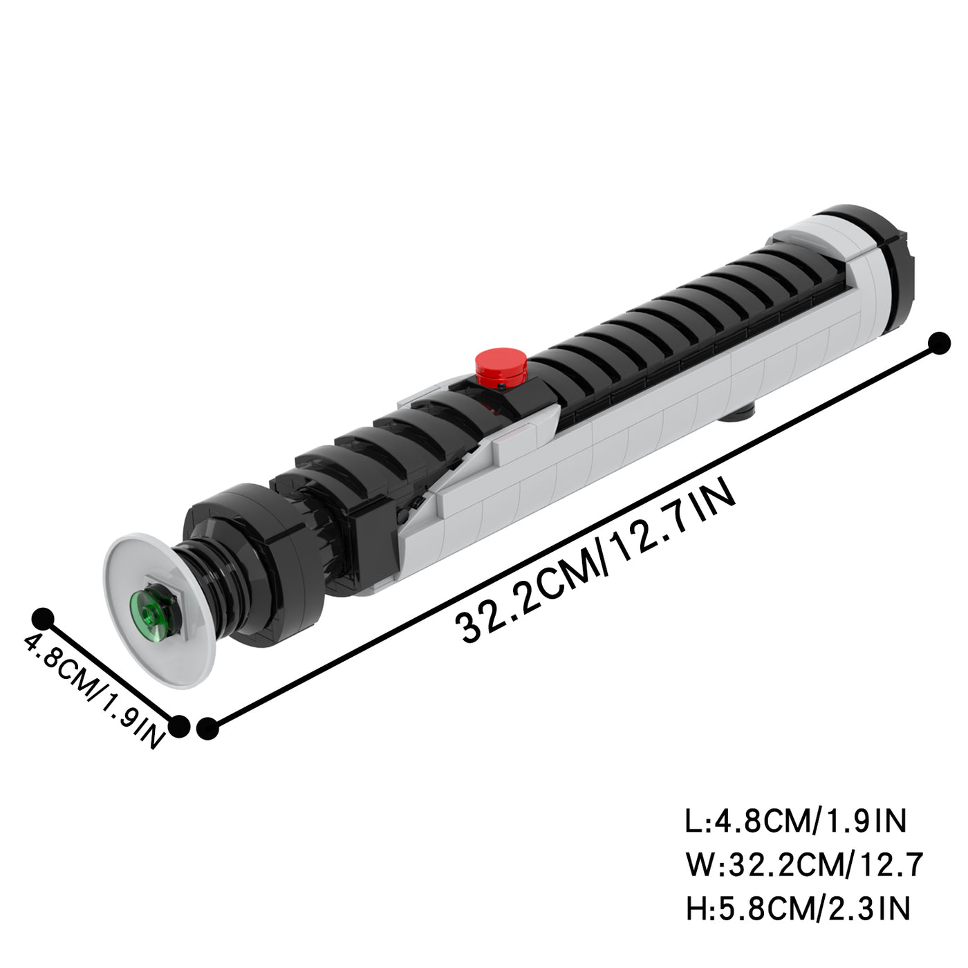 Afmetingen van de Super Bricks Faithbringer lightsaber weergegeven in centimeters