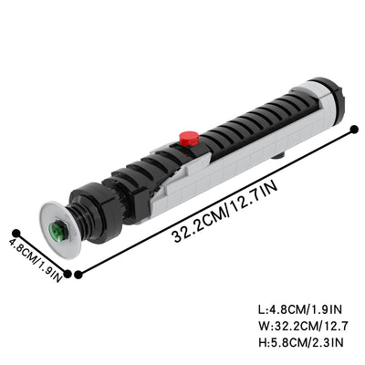 Afmetingen van de Super Bricks Faithbringer lightsaber weergegeven in centimeters