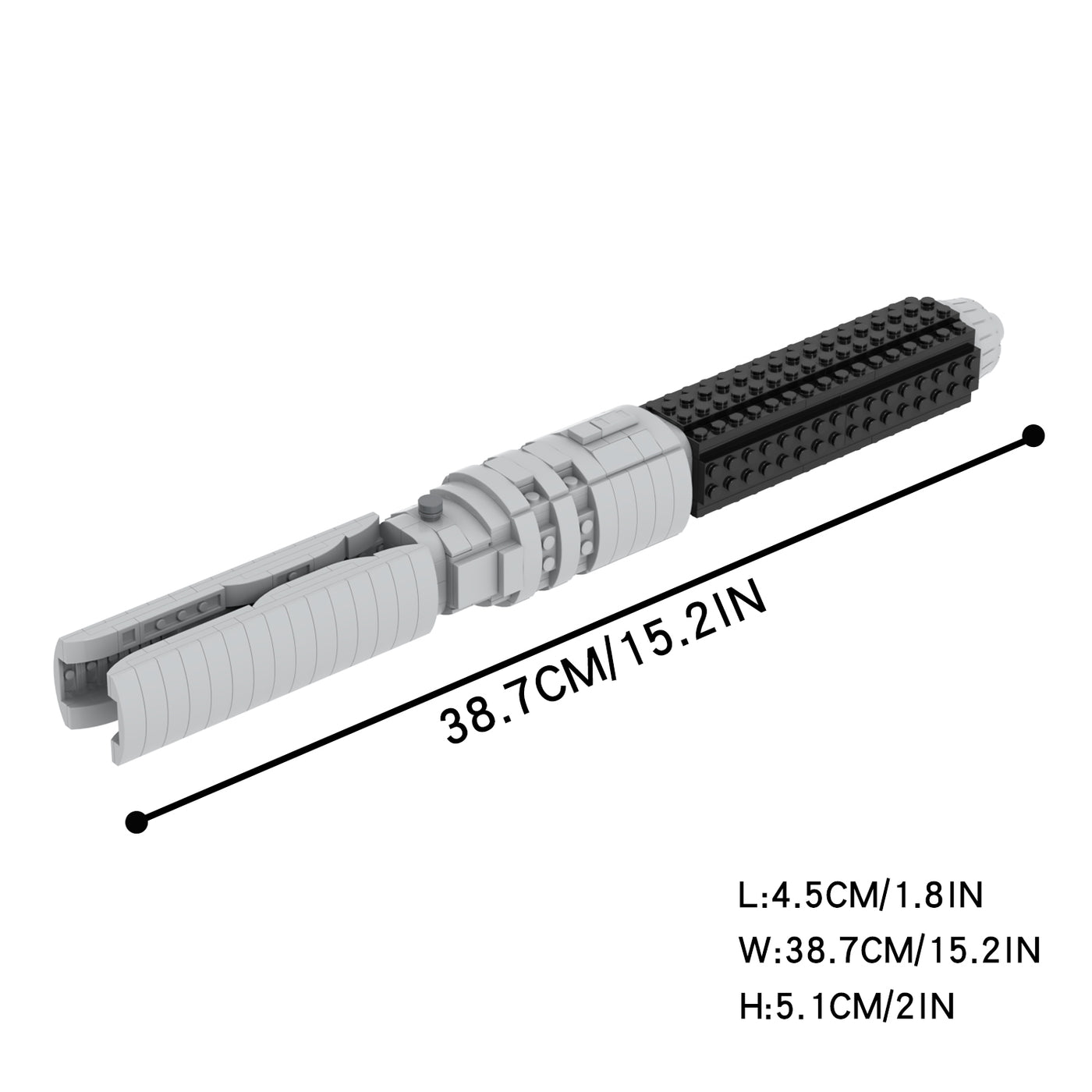 Afmetingen van de Super Bricks Phoenix lightsaber weergegeven in centimeters