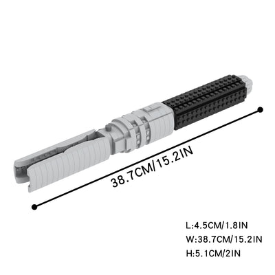 Afmetingen van de Super Bricks Phoenix lightsaber weergegeven in centimeters